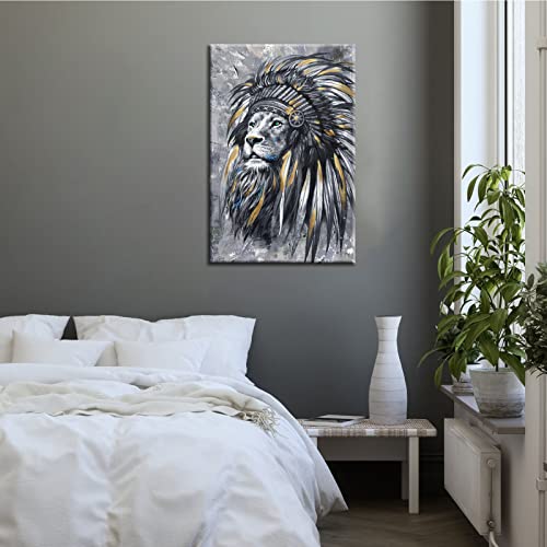 Conipit Native American Canvas Wall Art Indian Native Painting Feathered Chiefs Headdress Art Prints Lion Indian Feather Picture For Modern Home Decor Gallery Wrapped L24Xh36 Inch #TOP2