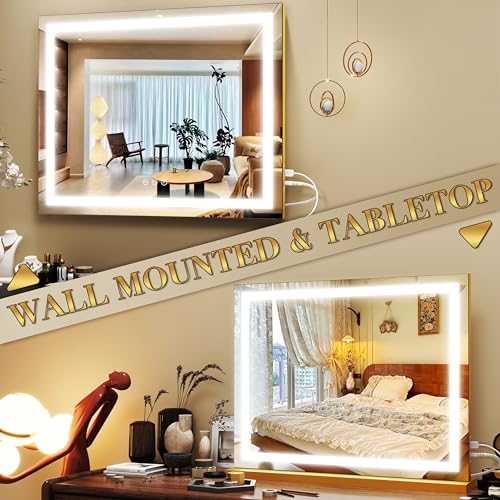 Image of ROLOVE Gold Vanity Mirror with Lights 23x18 Inch, 3-Color Dimmable LED & Touch Control - Large Makeup Mirror for Dressing Room (Wall /Tabletop Mount)