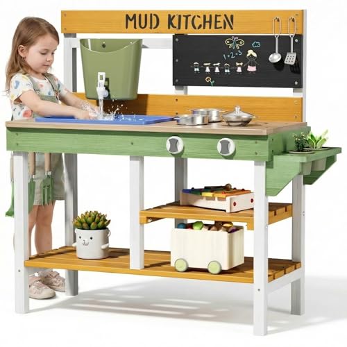 MAMIZO Cocina de Jardín Infantil Exterior de Madera, Cocina de Juguete con Grifo Funcional, Maceteros, Herramientas de Jardín, Pizarrón, Estanterías y Accesorios, 93x37x88 cm, para Niños +3 Años