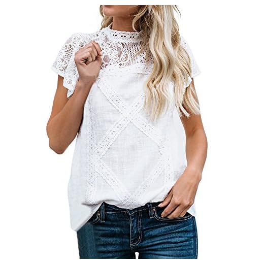 DressLksnf_Camiseta Mujer Elegante Blusa Encaje Suelto Chaleco Moda Cuello Redondo Camiseta Verano de Color Sólido Empalme Mangas Corta Básica Sencillo Casual Blusas de Oficina
