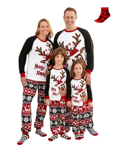 PATPAT Weihnachtspyjama Familie Set - Christmas Pyjama, Matching Pyjamas Couple, Partner Pyjama, Weihnachtsoutfit Familie, Pyjama Set für Vater Mutter Kinder Kids Baby mit Socken