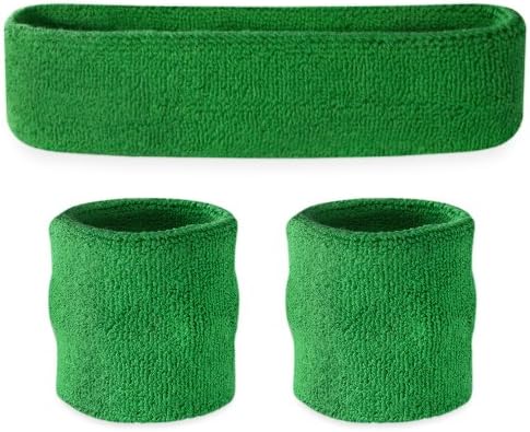 Suddora Sweatbands Set, Moisture Wicking 2 Wristbands and 1 Headband, Breathable Terry Cloth Athletic Bands for Basketball, Tennis, Yoga, Gym, Sweat Bands for Costumes and Cosplay, Green