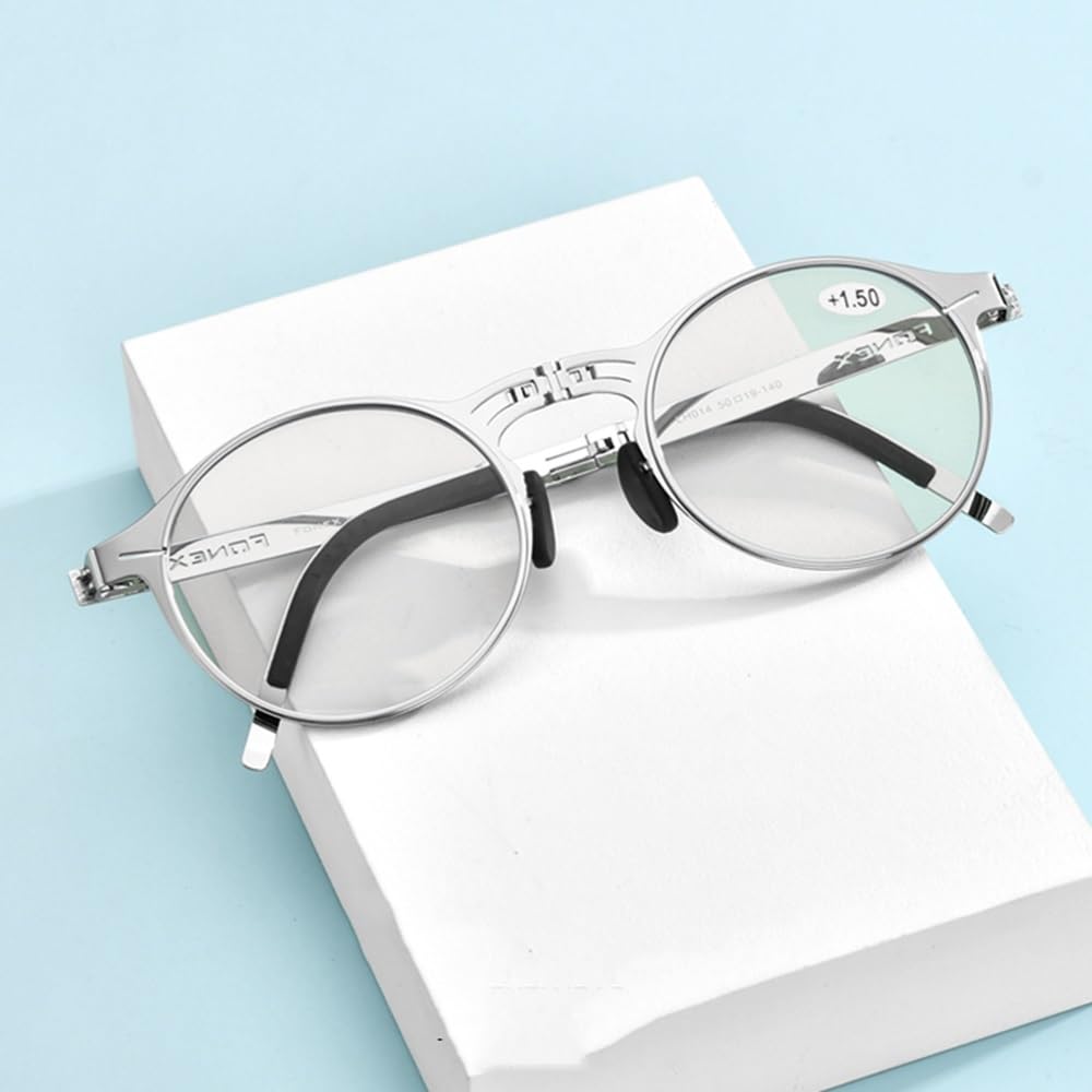 SFIVE Lunettes De Lecture Photochromique Pliables Lunettes De Soleil pour Hommes Femmes Portables Lunettes pour Lire Ronde 1.0-3.0 (Color : Silver, Size : +3.0)
