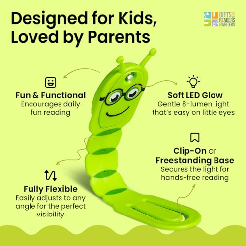 Image of Gifts for Readers & Writers Book Light for Kids, Clip On Reading Light for Bed, 2in1 Flexilight Pals & Bookmark, Small & Lightweight with a Soft Glow, 2 Batteries Included, Bookworm Green