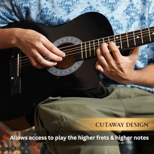 Image of Henrix 38C 38 Inch Cutaway Acoustic Guitar with Dual Action Truss Rod, Gigbag, Picks, String Set, Strap, Cloth & Ebook - Matte Black