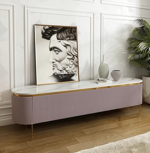 Image of Mazzo Modern TV Unit /Console - 70 inchx12 inchx18 inch White Marble Top with Golden Acrylic, Waterproof Plywood & Charcoal Louvers - Media Cabinet | Modern TV Stand Console Without Storage (Pink)