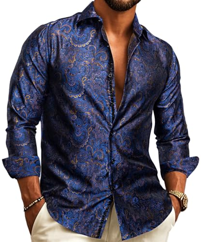 Barry.Wang Camisas de vestir para hombre con estampado de cachemira, camisas de seda de manga larga, con botones, camisa grande y alta, estilo casual, para boda, fiesta, baile, azul real, 3XL