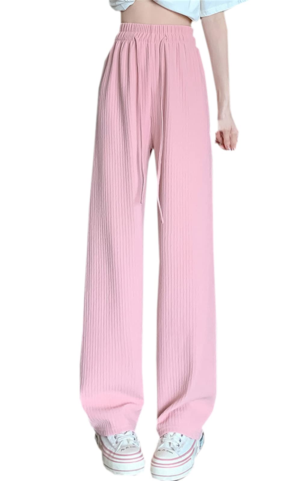 SANGTREE Womens Wide Leg Pants Loose High Waist Ice Silk Casual Straight Trousers