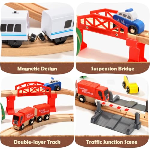 Elektrisches Holzeisenbahn-Spielzeugset für Kleinkinder, 88-teiliges Eisenbahnschienen-Spielzeug Jungen und Mädchen im Alter von 3, 4 und 5 Jahren.