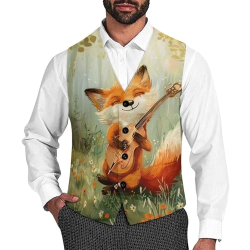 Musical Fox in Forests Novelty Men's Suit Vest Casual Formal Dress Vests Business Waistcoat