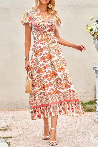 Image of PRETTYGARDEN Women Boho Summer Side Split Deep V Neck Short Sleeves Maxi Dress with Belt