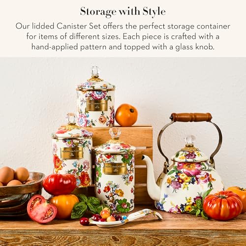 MACKENZIE-CHILDS Enamel Canisters, Versatile Kitchen Storage Containers, Small (38 oz.), Medium (48 oz.), and Large (64 oz.), Set of 3, White Flower Market by MACKENZIE-CHILDS - Image 2