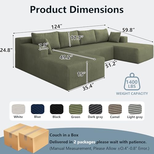 Image of 124 inch Boneless Cloud Couch Sectional Couches Sofa for Living Room | Modular U-Shaped Couch, Comfy Modern Corduroy Memory Foam Sofas with Deep Seat, Ottoman, Oversized Chaise (Green)