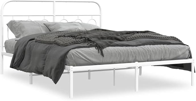 Metal Bed Frame without Mattress White 135x190cm with Headboard and Storage Space, Steel Bed Frame with Sturdy Metal Slats and Center Legs