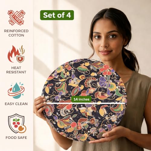 Image of Premium Round Cotton Dining Table Mats Set of 4 | Washable Heat Resistant Food Mat | Circular Dining Table Hot Plate Mats & Coaster for Hot Utensil (14-inch, Printed Floral /Blue)
