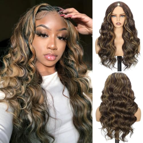 Aisaide Highlight V Part Wig Body Wave For Black Women 24Inch Glueless Full Head Clip In Half Wig V Shape No Leave Out Wear and Go Highlighted Brown Body Wig for Women