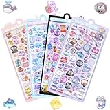 【4枚セット】3dシール 立体シール 可愛い ぷくぷく Lucktree ジュエル風 立体 泡ステッカー ステッカー 手帳用 貼り付け可能 女の子 （動物 + 翡翠のウサギ + 雲 + 海）