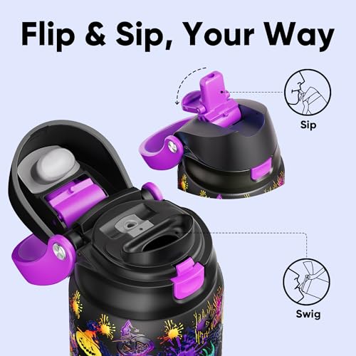 Image of Encool SwiftSip Insulated Stainless Steel Water Bottle with Straw - Leak Proof Sports Water Bottle for School, Travel, Keeps Cold All Day, One-Touch Flip Lid, BPA-Free, 32 oz, Ghost Party