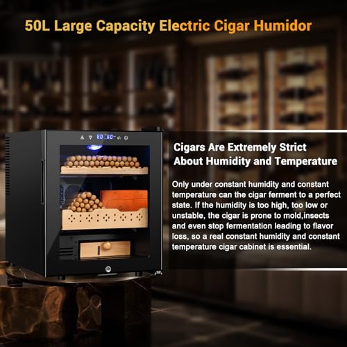 Velieta Electric Cigar Humidor, 50L 300 Counts Large Capacity,Thermostatic Cooling Humidor Cabinet with Spanish Cedar Wood Shelves, Digital LED Screen, Safety Lock, Father's Day Gift for Men