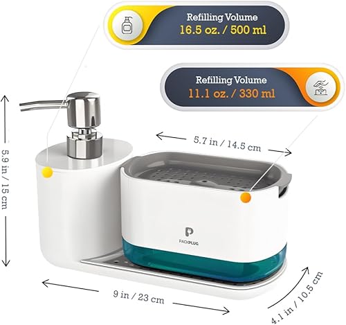 Miniatura 4 de Juego de dispensador automático de jabón para lavavajillas, bomba de jabón doble satisfactoria, bandeja de esponja premium, organizador de fregadero