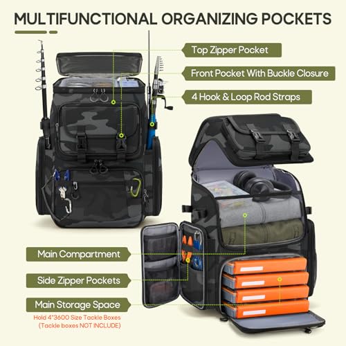 Image of RAINSMORE Fishing Backpack, 45L Large Water-resistant Fishing Tackle Bag