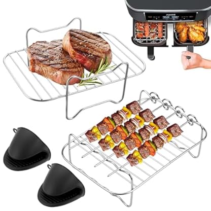 WAVATA Heißluftfritteuse Zubehör Für Ninja AF300EU AF400EU Luftfriteuse,Ninja Heißluftfritteuse zubehör mit Steamer 1pc + Grill 1pc + Fingerhüllen 2pcs + BBQ Fibre 4pcs Total 8pcs (8)