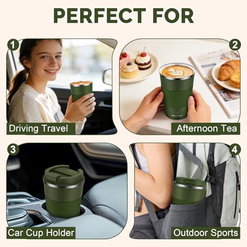 Image of MOMSIV 12oz Travel Mug, Insulated Coffee Cup with Leakproof Lid, Vacuum Stainless Steel Double Walled Reusable Tumbler for Hot and Cold Water Coffee and Tea In Travel and Car Armygreen 380ML