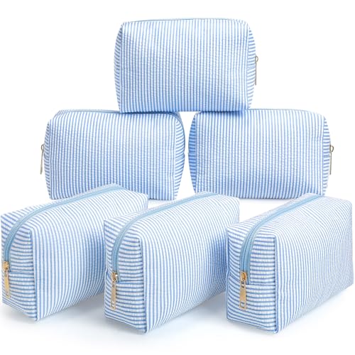 Product Image of the Sanwuta Pcs Seersucker Cosmetic Bags Bulk Seersucker Makeup Bags Stripe Women Pouch Large Preppy Storage Pouch Toiletry Travel for Wedding Bridesmaid Bride Favor Back to Teacher Gift(Light Blue,6)