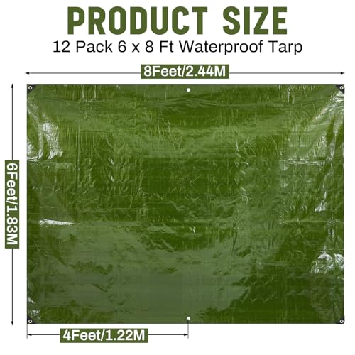 Image of 12 Pack 6 x 8 ft 5.5 Mil Large Tarps Heavy Duty Waterproof Tarp Multi Purpose Tent Cover for Home Boats Cars Camping Patio Furniture Roof Emergency Rain Protective Cover, Army Green