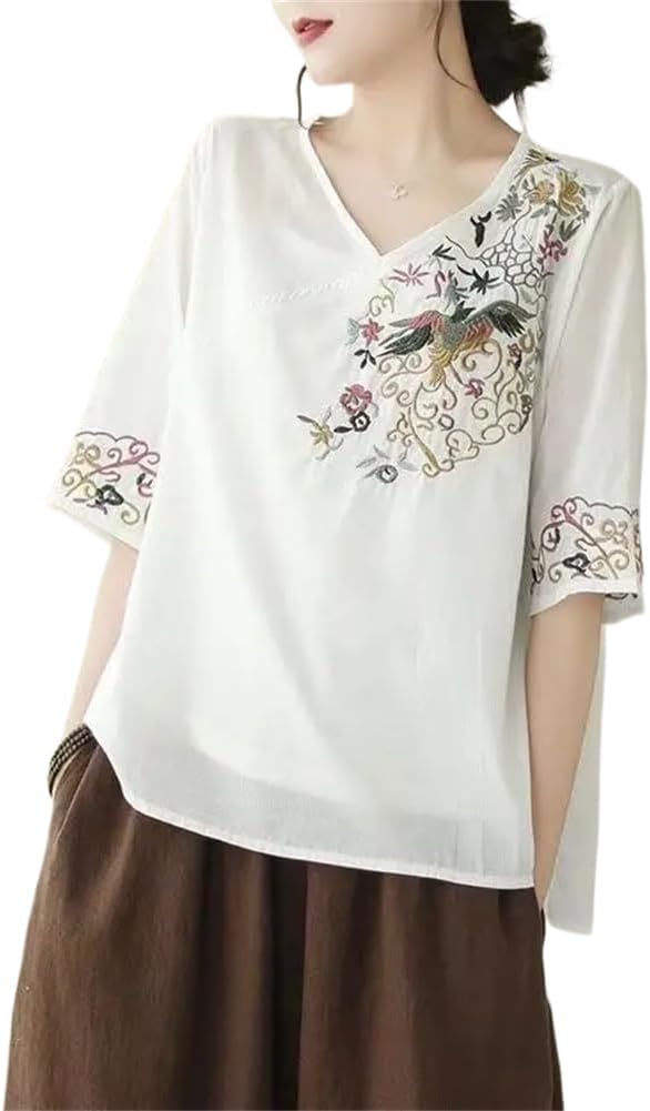 LIXINGHEITANG Summer Women Cotton Linen Sleeve V-Neck Color Embroidery Chinese Style Loose -shirt Top