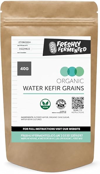Freshly Fermented Organic Water Kefir Grains 40g   Live Active Tibicos Cultures, Vegan Friendly, Organic Food Federation Certified Organic, Brew 1.5-2L Fizzy Drink in 24-48 Hours, UK Grown