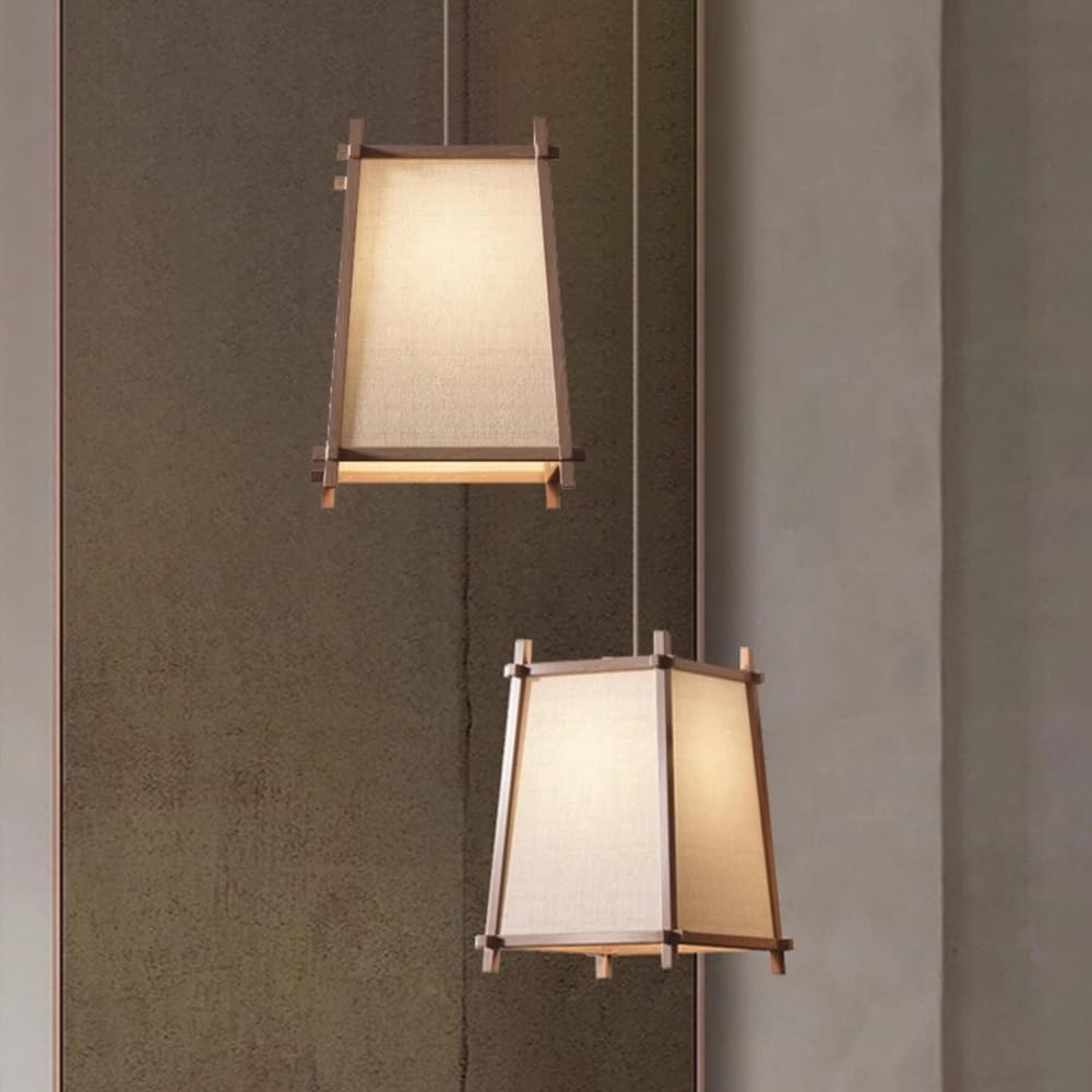Fabric Light for Bedroom Farmhouse Wood Lighting Fixture Rustic Wood Lantern Light Wabi Sabi Hanging Lamp Mid Century Chandelier for Dining Table Kitchen Island Bar