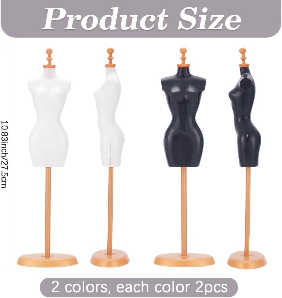 4Pcs 2 Colors 10.8 Inch Mini Dress Form Miniature Sewing Mannequin Black White Plastic Female Cloth Gown Holder Tailor Dressmaker Mannequin Stand for Sewing Apparel Design Costume Display