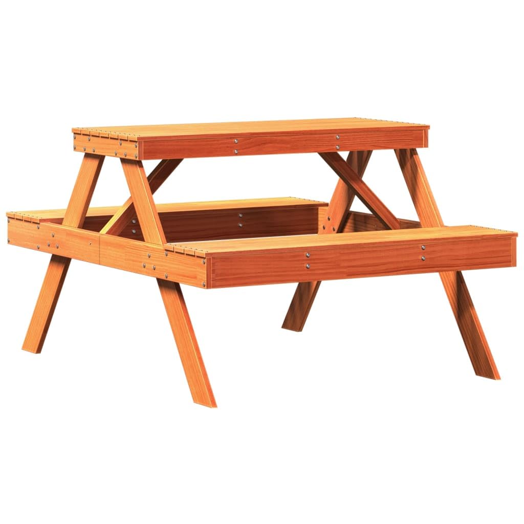 Tavolo da picnic in legno di pino massiccio, marrone cerato, 105 x 134 x 75 cm | Robusto piano del tavolo, design a doghe contro l'accumulo d'acqua, per giardino e terrazza, massimo 110 kg per seduta
