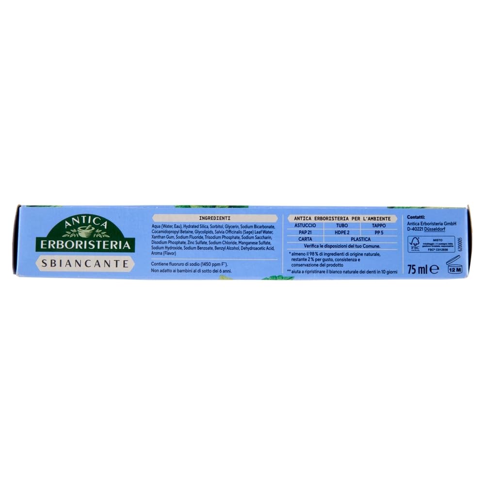 Dentifricio Sbiancante Antica Erboristeria - Pasta de dientes para blanquear con salvia y menta, 75 ml + llavero Beni Culinari gratuito (12 unidades)