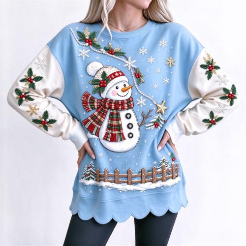 Winter Sweatshirts for Women Graphic Scalloped Hem Crewneck Pullover Tops | Winter Trends for Women 2026, Christmas, Snowman, Cotton, Cozy, Family, School, Weekend, Everyday, Travel, Casual, Work - image 3