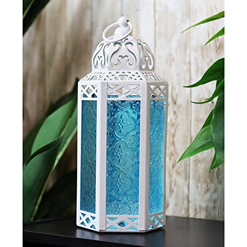 Vela Lanterns White Moroccan Lamp Lantern Decorative Candle Holder For Indoor Outdoor Weddings, Home Decor, Blue Glass, Medium #TOP25