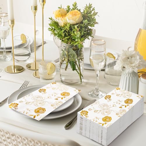 Jarthenaamcs J1163 100Pcs Roses Flower Guest Napkins Gold Foil Paper Napkin Disposable Floral Dessert Dinner Hand Napkin thumb #4
