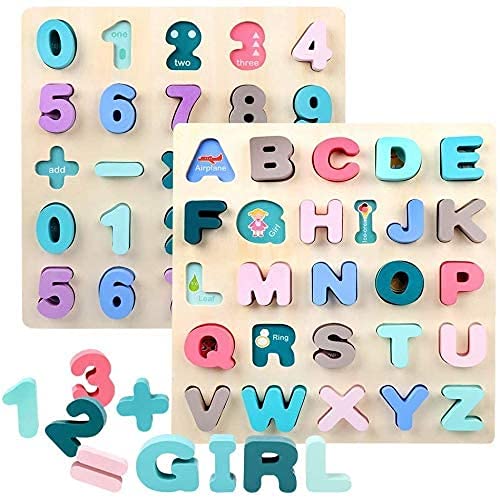 AM ANNA Wooden Alphabet Puzzles Board ABC Upper Case Letter and Number Wood Montessori Learning Board Educational Toys for Toddlers Boys Girls（2pcs）