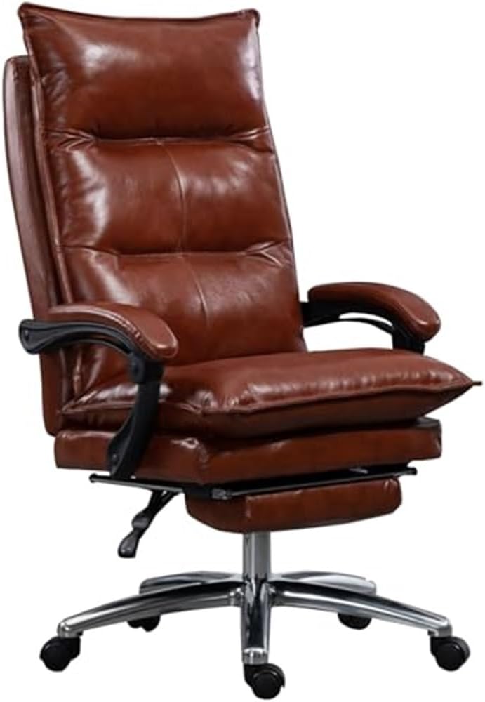 Genuine Leather Executive Office Chair Ergonomic Computer Desk Chair with Adjustable Height Retractable Footrest Comfortable Swivel Task Chair for Workstation(Brown)