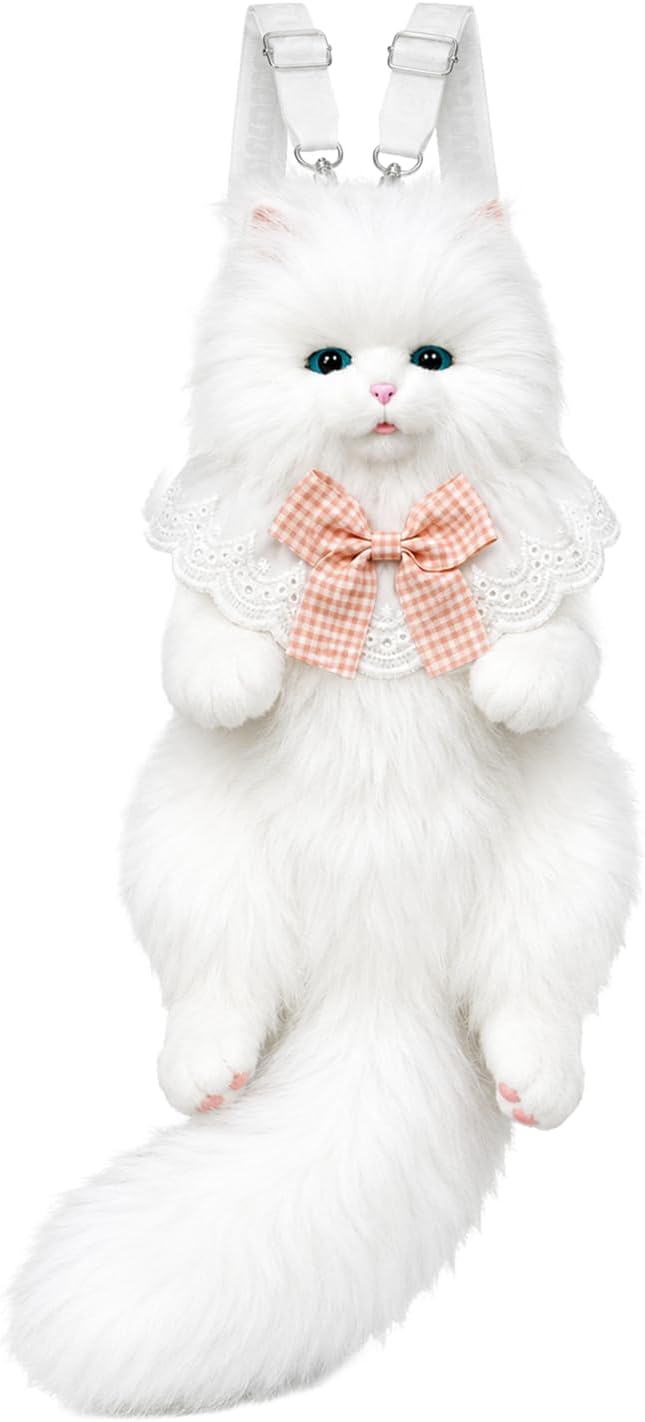 Interactive Realistic Cat Backpack with Moving Tail and Meow Sound, Motion Sensor White Persian Plush Bag, Electronic Robot Animal Purse with Adjustable Straps, Cute Interactive Toy for Women Girls