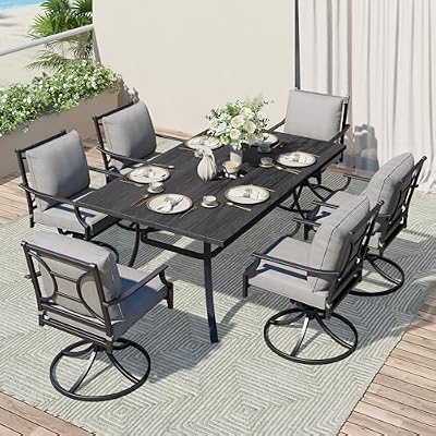 Grand patio 7-Piece Outdoor Dining Set for 6 E-Coated Patio Dining Furniture Set for 6 Patio Swivel Dining Chairs with Olefin Cushions 1 Rectangular Dining Faux Woodgrain Table with Umbrella Hole Grey