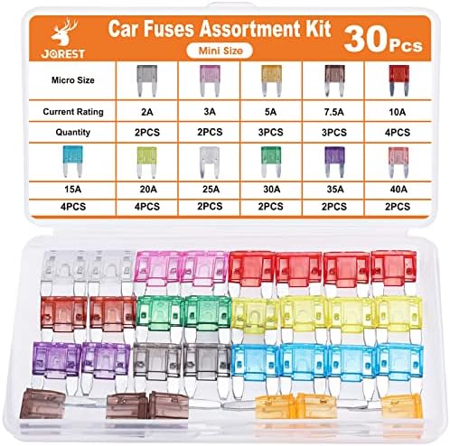 JOREST 30Pcs Mini Car Fuse Kit - Mini Blade Fuses Automotive - Replacement Fuses Assortment Kit for Car/RV/Truck/Motorcycle(2Amp 3A 5A 7.5A 10A 15A 20A 25A 30A 35A 40A)