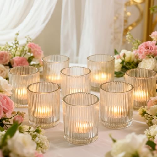 Photophore en verre transparent, bougeoirs votifs transparents, bougeoirs vintage romantiques pour mariage, fête, centre de table (12, nervurés)