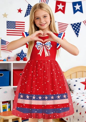 Image of Girls 4th of July Dress American Patriotic Outfit USA Independence Day Clothes Flutter Sleeve Tulle Tutu Dress 5-14y