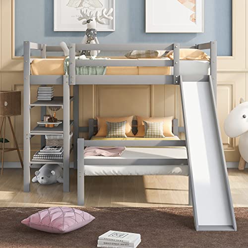 Livspace Full Size Loft Bunk Bed with Slide, Solid Wood Full Size Loft Bed with Shelves Over Twin Separate Platform Bed for Girls Boys, Gray
