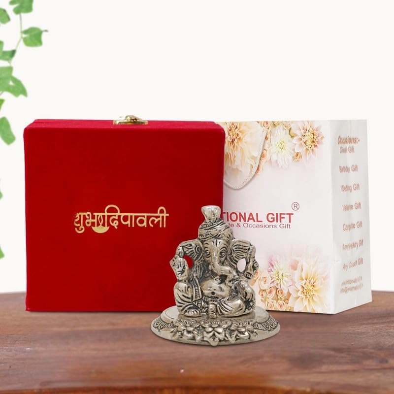 Image of INTERNATIONAL GIFT Silver Plated Pagdi Ganesh Idol Statue | Diwali Tag with Velvet Box & Carry Bag | for Pooja, Blessing, Festival Occasion, Return Gift Showpiece