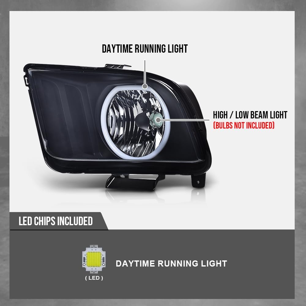 LED Headlight Assembly Front Headlamp Compatible with 2005-2009 Ford Mustang Driver & Passenger Side Clear lens Chrome Houing 4R3Z13008AB 7R3Z13008A FO2503215