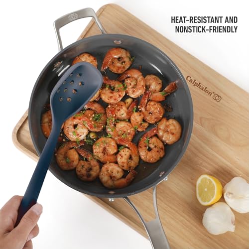 Image of Calphalon Edge Silicone Slotted Spoon /Skimmer, Flexible Heat-Resistant Kitchen Strainer Spoon for Cooking, Frying, Skimming & Serving, Nonstick Safe, Navy Blue