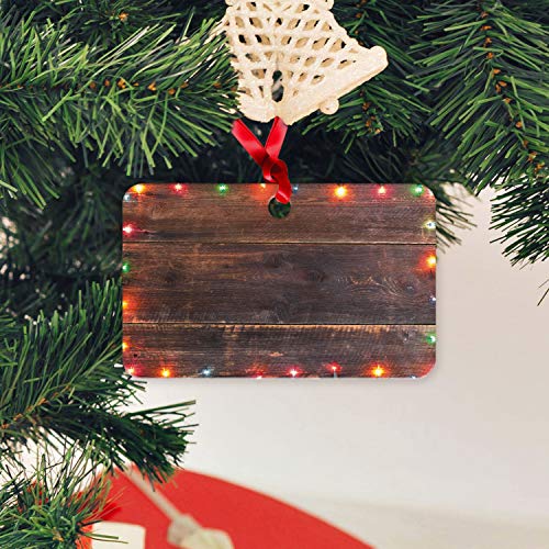 Ambesonne New Year Flat Ornament, Christmas Ornaments On Worn Out Wooden Board Rustic Themes Merry Xmas, Rectangle Aluminum Semi Gloss Hanging Decor Tree Decoration, 2" X 3", Multicolor #TOP2
